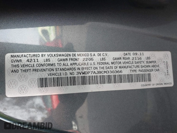 2012 Volkswagen Jetta SE with VIN 3VWDP7AJ8CM330366, listed as a IAAI auction lot 41450611 with 256,079 mi miles and . Bid and sale history available at DreamBid. Image 9.