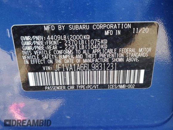 2020 Subaru WRX z VIN JF1VA1A66L9831231, wystawiony jako Copart lot #55884765 z przebiegiem 33 640 mil mil oraz Szkoda całkowita • Salvage title. Historia ofert i sprzedaży dostępna na DreamBid. Obrazek 12.