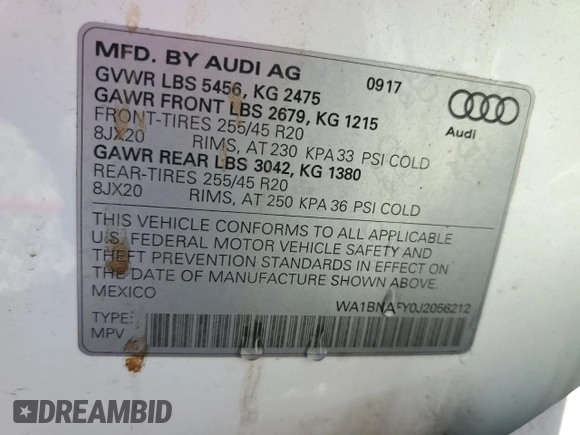2018 Audi Q5 Premium Plus with VIN WA1BNAFY0J2056212, listed as a Copart auction lot 57996285 with 52,980 mi miles and Salvage title. Bid and sale history available at DreamBid. Image 13.