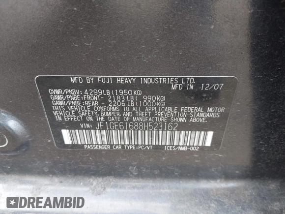 2008 Subaru Impreza i с VIN JF1GE61688H523162, выставлен на аукционе IAAI как лот 41725676 с пробегом 193 005 миль миль и . История ставок и продаж доступна на DreamBid. Изображение 9.