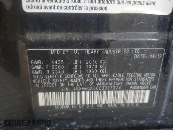 2012 Subaru Legacy Limited с VIN 4S3BMCK60C3037374, выставлен на аукционе Copart как лот 61237745 с пробегом 216 988 миль миль и Чистый • Clean title. История ставок и продаж доступна на DreamBid. Изображение 12.