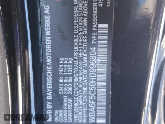 2017 BMW 6 Series 650i with VIN WBA6F5C50HD996804, listed as a Copart auction lot 41377645 with 0 mi miles and Salvage Title. Bid and sale history available at carsss.com. Image 12.