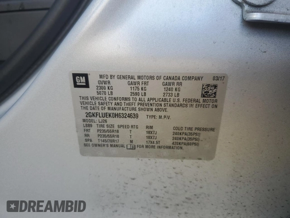 2017 GMC Terrain SLT with VIN 2GKFLUEK0H6324639, listed as a Copart auction lot 46856675 with 62,408 mi miles and Salvage Title. Bid and sale history available at DreamBid. Image 15.