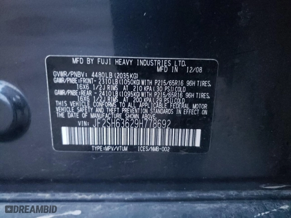2009 Subaru Forester (Natl) X w/Premium Pkg with VIN JF2SH63629H778692, listed as a Copart auction lot 85223484 with 140,240 mi miles and Clean Title. Bid and sale history available at carsss.com. Image 13.