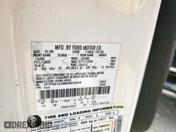 2009 Ford F-150 XL с VIN 1FTPW12V89KB33439, выставлен на аукционе Copart как лот 65005005 с пробегом 209 714 миль миль и Списание • Salvage title. История ставок и продаж доступна на DreamBid. Изображение 12.