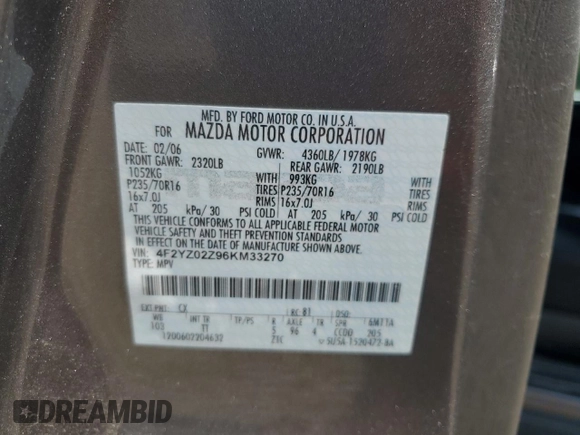 2006 Mazda Tribute i with VIN 4F2YZ02Z96KM33270, listed as a Copart auction lot 65482104 with 41,426 mi miles and Salvage Title. Bid and sale history available at carsss.com. Image 15.