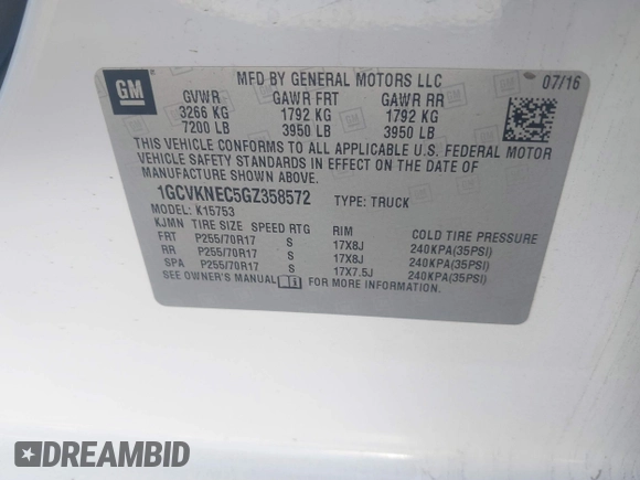 2016 Chevrolet Silverado 1500 Work Truck with VIN 1GCVKNEC5GZ358572, listed as a IAAI auction lot 41047270 with 159,208 mi miles and . Bid and sale history available at DreamBid. Image 9.