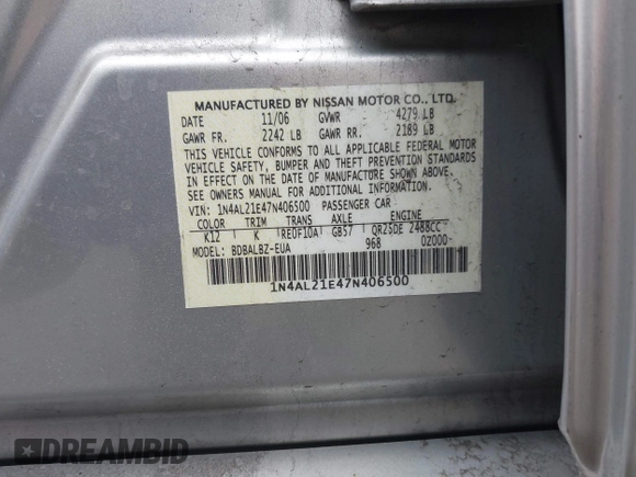2007 Nissan Altima 2.5 S with VIN 1N4AL21E47N406500, listed as a IAAI auction lot 41864462 with 1 mi miles. Bid and sale history available at carsss.com. Image 9.