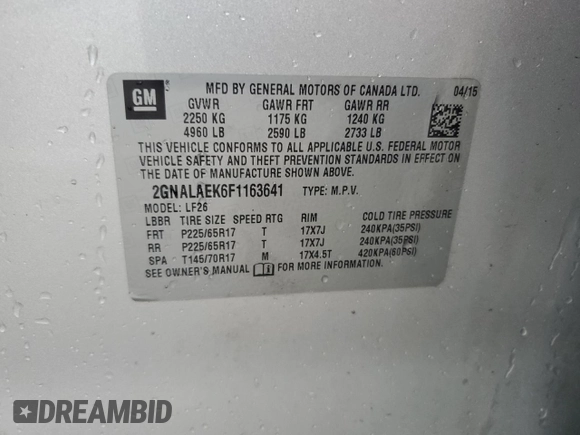 2015 Chevrolet Equinox LS z VIN 2GNALAEK6F1163641, wystawiony jako Copart lot #57522835 z przebiegiem 114 241 mil mil oraz Szkoda całkowita • Salvage title. Historia ofert i sprzedaży dostępna na DreamBid. Obrazek 13.
