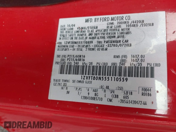 2005 Ford Mustang Deluxe with VIN 1ZVFT80N555110559, listed as a IAAI auction lot 42320778 with 117,594 mi miles and . Bid and sale history available at DreamBid. Image 9.