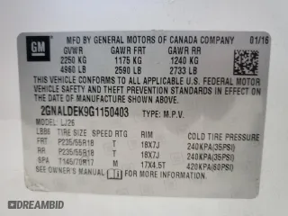2016 Chevrolet Equinox LTZ with VIN 2GNALDEK9G1150403, listed as a Copart auction lot 87820745 with 67,969 mi miles and Non Repairable. Bid and sale history available at carsss.com. Image 13.