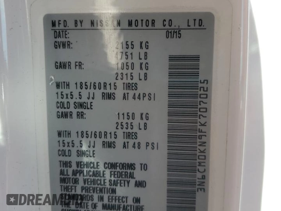 2015 Nissan NV200 SV with VIN 3N6CM0KN9FK707025, listed as a Copart auction lot 57454925 with 165,484 mi miles and Clean title. Bid and sale history available at DreamBid. Image 13.
