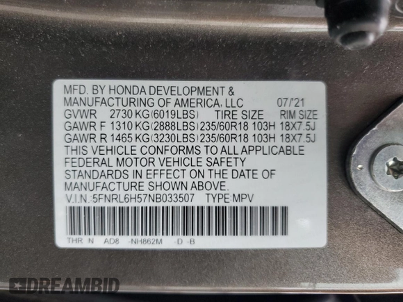 2022 Honda Odyssey EX z VIN 5FNRL6H57NB033507, wystawiony jako Copart lot #60975875 z przebiegiem 82 836 mil mil oraz Szkoda całkowita • Salvage title. Historia ofert i sprzedaży dostępna na DreamBid. Obrazek 13.