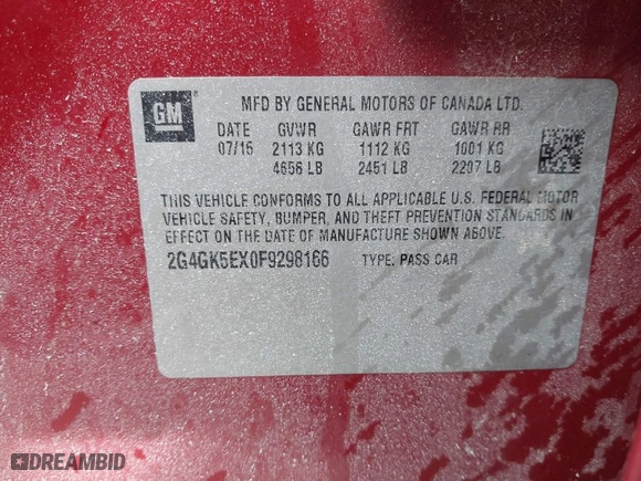 2015 Buick Regal with VIN 2G4GK5EX0F9298166, listed as a IAAI auction lot 41575801 with 110,013 mi miles. Bid and sale history available at carsss.com. Image 9.