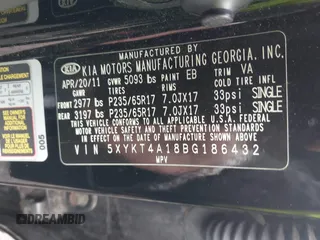 2011 Kia Sorento LX with VIN 5XYKT4A18BG186432, listed as a IAAI auction lot 42065088 with 202,122 mi miles. Bid and sale history available at carsss.com. Image 9.