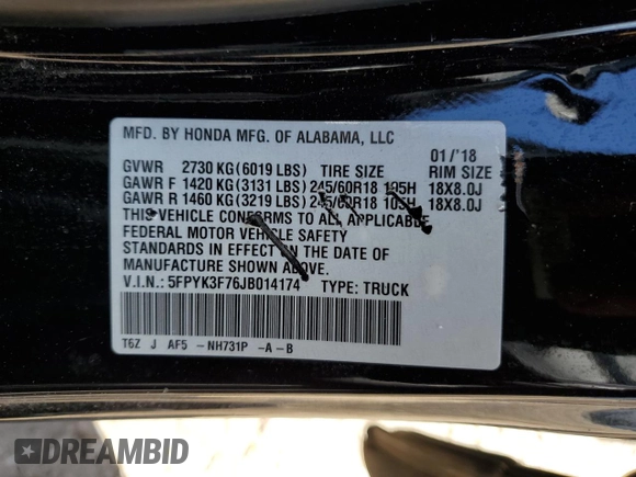 2018 Honda Ridgeline RTL-E with VIN 5FPYK3F76JB014174, listed as a Copart auction lot 52536524 with 95,822 mi miles and Clean title. Bid and sale history available at DreamBid. Image 12.