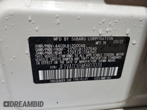 2021 Subaru WRX Premium с VIN JF1VA1C65M9807078, выставлен на аукционе Copart как лот 53683745 с пробегом 46 825 миль миль и Списание • Salvage title. История ставок и продаж доступна на DreamBid. Изображение 12.