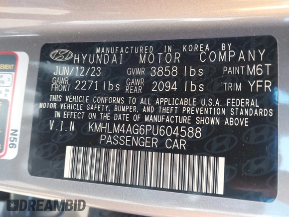 2023 Hyundai Elantra SEL with VIN KMHLM4AG6PU604588, listed as a IAAI auction lot 42045957 with 11,511 mi miles and . Bid and sale history available at DreamBid. Image 9.