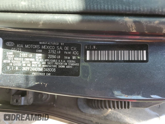 2021 Kia Forte LXS with VIN 3KPF24AD8ME348008, listed as a Copart auction lot 57676065 with 69,143 mi miles and Salvage title. Bid and sale history available at DreamBid. Image 12.