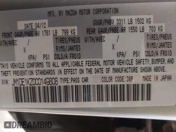 2012 Mazda 2 Sport with VIN JM1DE1KZ0C0149808, listed as a IAAI auction lot 42233078 with 166,111 mi miles and . Bid and sale history available at DreamBid. Image 9.