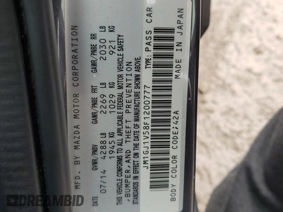 2015 Mazda 6 i Touring with VIN JM1GJ1V58F1200777, listed as a Copart auction lot 55514305 with 207,272 mi miles and Clean Title. Bid and sale history available at DreamBid. Image 12.
