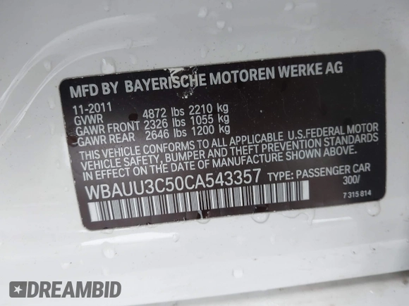 2012 BMW 3 Series 328i xDrive with VIN WBAUU3C50CA543357, listed as a IAAI auction lot 38635586 with 85,220 mi miles and . Bid and sale history available at DreamBid. Image 9.