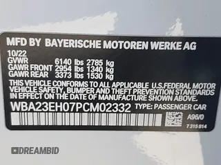 2023 BMW 7 Series 740i with VIN WBA23EH07PCM02332, listed as a IAAI auction lot 41721780 with 40,888 mi miles. Bid and sale history available at carsss.com. Image 9.