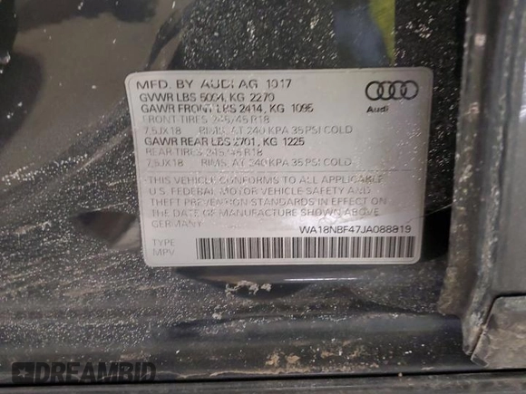 2018 Audi allroad Premium Plus with VIN WA18NBF47JA088819, listed as a Copart auction lot 42491575 with 84,866 mi miles and Salvage Title. Bid and sale history available at carsss.com. Image 13.