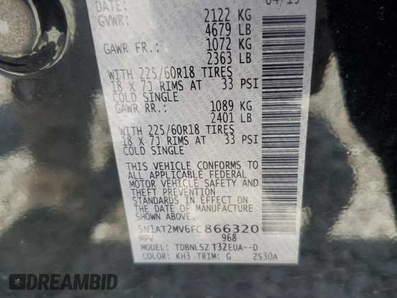 2015 Nissan Rogue SL with VIN 5N1AT2MV6FC866320, listed as a Copart auction lot 55097735 with Not Provided miles and Salvage Title. Bid and sale history available at DreamBid. Image 13.