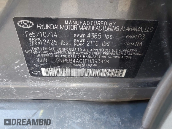 2014 Hyundai Sonata GLS with VIN 5NPEB4AC1EH893404, listed as a IAAI auction lot 41354215 with 125,952 mi miles and . Bid and sale history available at DreamBid. Image 9.