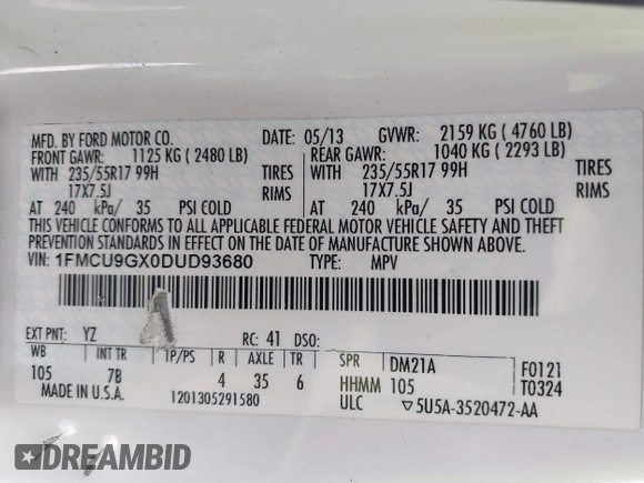2013 Ford Escape SE with VIN 1FMCU9GX0DUD93680, listed as a IAAI auction lot 41792386 with 262,671 mi miles and . Bid and sale history available at DreamBid. Image 9.