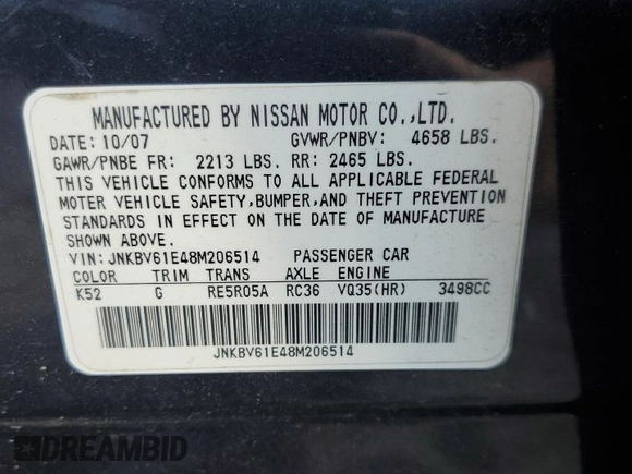 2008 Infiniti G35 Journey with VIN JNKBV61E48M206514, listed as a Copart auction lot 74599734 with 169,945 mi miles and Salvage Title. Bid and sale history available at DreamBid. Image 14.