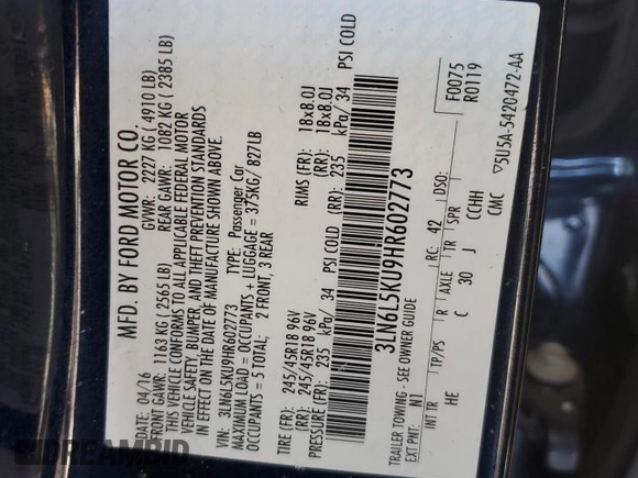 2017 Lincoln MKZ Hybrid Premiere with VIN 3LN6L5KU9HR602773, listed as a Copart auction lot 88449255 with 83,055 mi miles and Salvage Title. Bid and sale history available at DreamBid. Image 12.