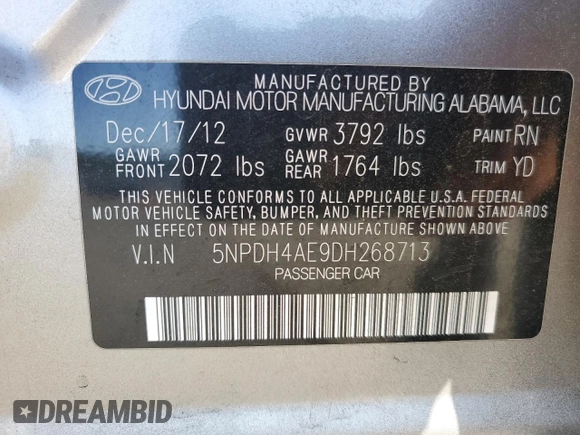 2013 Hyundai Elantra GLS with VIN 5NPDH4AE9DH268713, listed as a Copart auction lot 53203525 with 132,540 mi miles and Salvage title. Bid and sale history available at DreamBid. Image 13.