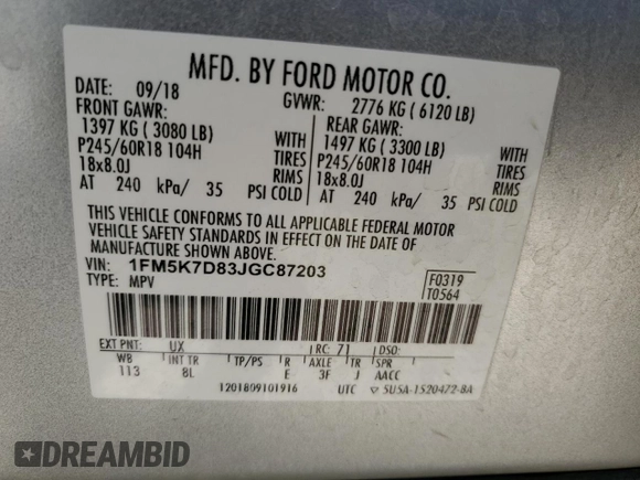 2018 Ford Explorer XLT with VIN 1FM5K7D83JGC87203, listed as a Copart auction lot 54234545 with 108,272 mi miles and Salvage Title. Bid and sale history available at DreamBid. Image 12.