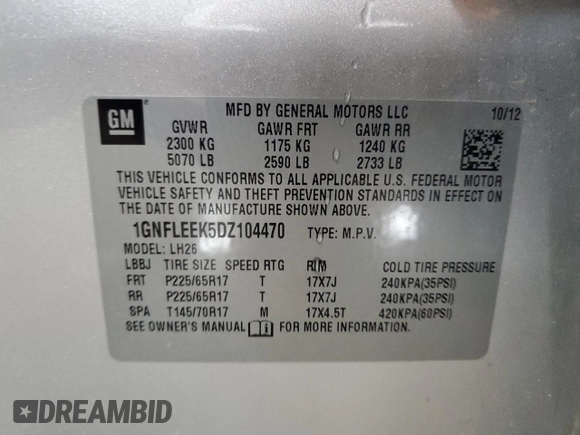2013 Chevrolet Equinox LT with VIN 1GNFLEEK5DZ104470, listed as a Copart auction lot 51626685 with 175,432 mi miles and Clean Title. Bid and sale history available at carsss.com. Image 13.
