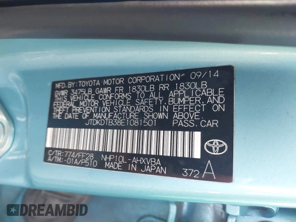 2014 Toyota Prius One with VIN JTDKDTB38E1081501, listed as a IAAI auction lot 41971792 with 96,429 mi miles and . Bid and sale history available at DreamBid. Image 9.