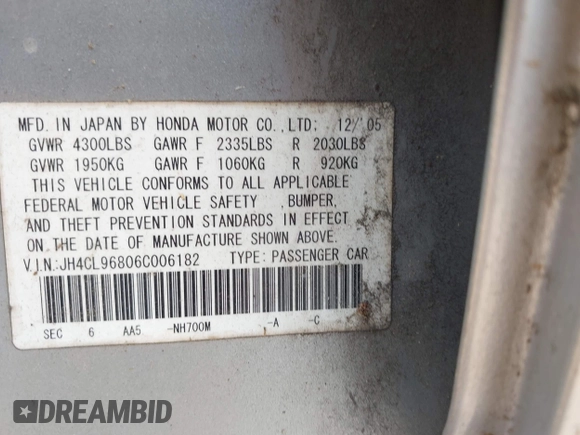 2006 Acura TSX z VIN JH4CL96806C006182, wystawiony jako IAAI lot #42472816 z przebiegiem Nie podano mil oraz . Historia ofert i sprzedaży dostępna na DreamBid. Obrazek 9.