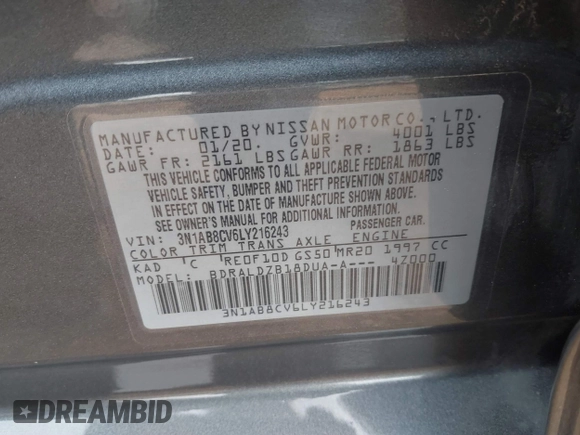 2020 Nissan Sentra SV with VIN 3N1AB8CV6LY216243, listed as a IAAI auction lot 41590560 with 33,071 mi miles. Bid and sale history available at carsss.com. Image 9.
