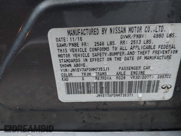 2017 Infiniti Q50 Premium with VIN JN1EV7AP0HM735371, listed as a IAAI auction lot 42101630 with 165,334 mi miles and . Bid and sale history available at carsss.com. Image 9.