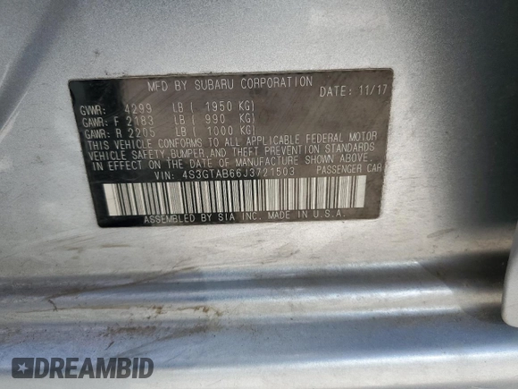 2018 Subaru Impreza Premium с VIN 4S3GTAB66J3721503, выставлен на аукционе Copart как лот 61879115 с пробегом Не указан миль и Списание • Salvage title. История ставок и продаж доступна на DreamBid. Изображение 12.