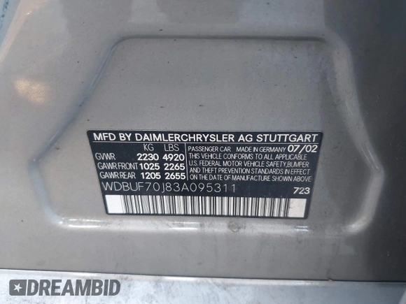 2003 Mercedes-Benz E 500 with VIN WDBUF70J83A095311, listed as a IAAI auction lot 41329473 with 133,401 mi miles and . Bid and sale history available at DreamBid. Image 9.