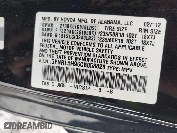 2012 Honda Odyssey Touring with VIN 5FNRL5H96CB058828, listed as a IAAI auction lot 41731389 with 152,295 mi miles and . Bid and sale history available at DreamBid. Image 9.