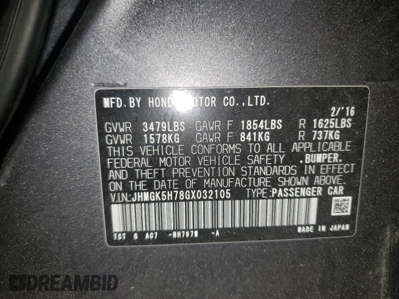 2016 Honda Fit EX с VIN JHMGK5H78GX032105, выставлен на аукционе Copart как лот 61807045 с пробегом 33 471 миль миль и Списание • Salvage title. История ставок и продаж доступна на DreamBid. Изображение 13.