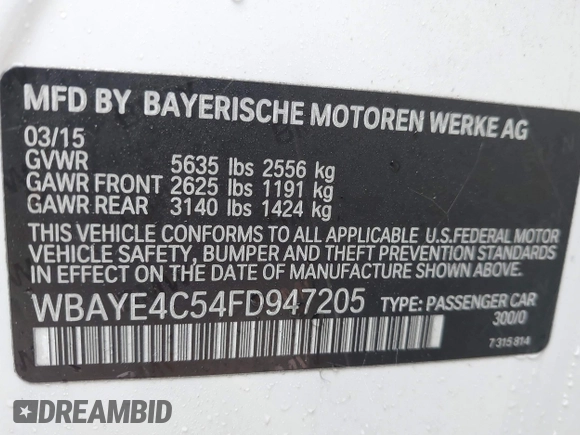 2015 BMW 7 Series 740Li with VIN WBAYE4C54FD947205, listed as a IAAI auction lot 41566291 with 172,729 mi miles and . Bid and sale history available at DreamBid. Image 9.