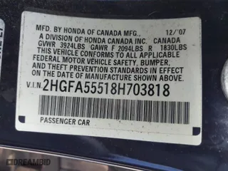 2008 Honda Civic Sdn Si with VIN 2HGFA55518H703818, listed as a IAAI auction lot 41991131 with 148,522 mi miles. Bid and sale history available at carsss.com. Image 9.