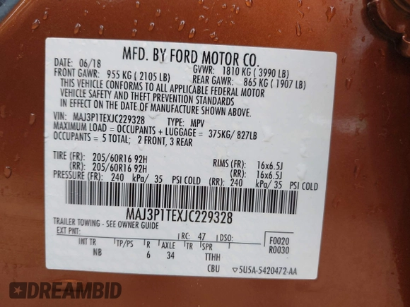 2018 Ford EcoSport SE with VIN MAJ3P1TEXJC229328, listed as a IAAI auction lot 42059911 with 27,531 mi miles. Bid and sale history available at carsss.com. Image 9.