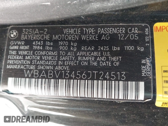 2006 BMW 3 Series 325Ci с VIN WBABV13456JT24513, выставлен на аукционе IAAI как лот 41886943 с пробегом 114 270 миль миль и . История ставок и продаж доступна на DreamBid. Изображение 9.