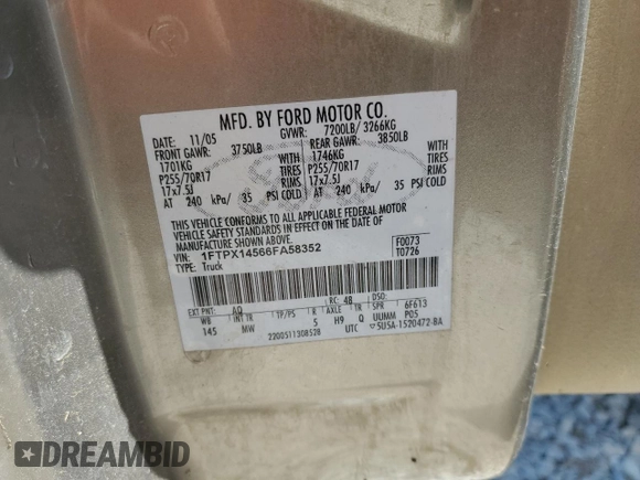2006 Ford F-150 XLT with VIN 1FTPX14566FA58352, listed as a Copart auction lot 53894255 with 229,806 mi miles and Salvage Title. Bid and sale history available at carsss.com. Image 13.