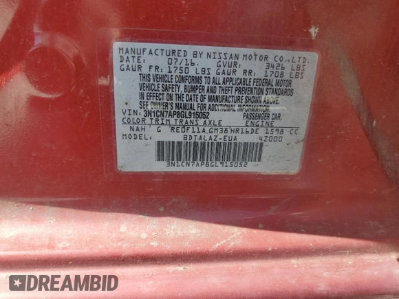 2016 Nissan Versa S with VIN 3N1CN7AP8GL915052, listed as a Copart auction lot 48385905 with 124,379 mi miles and Salvage Title. Bid and sale history available at carsss.com. Image 12.